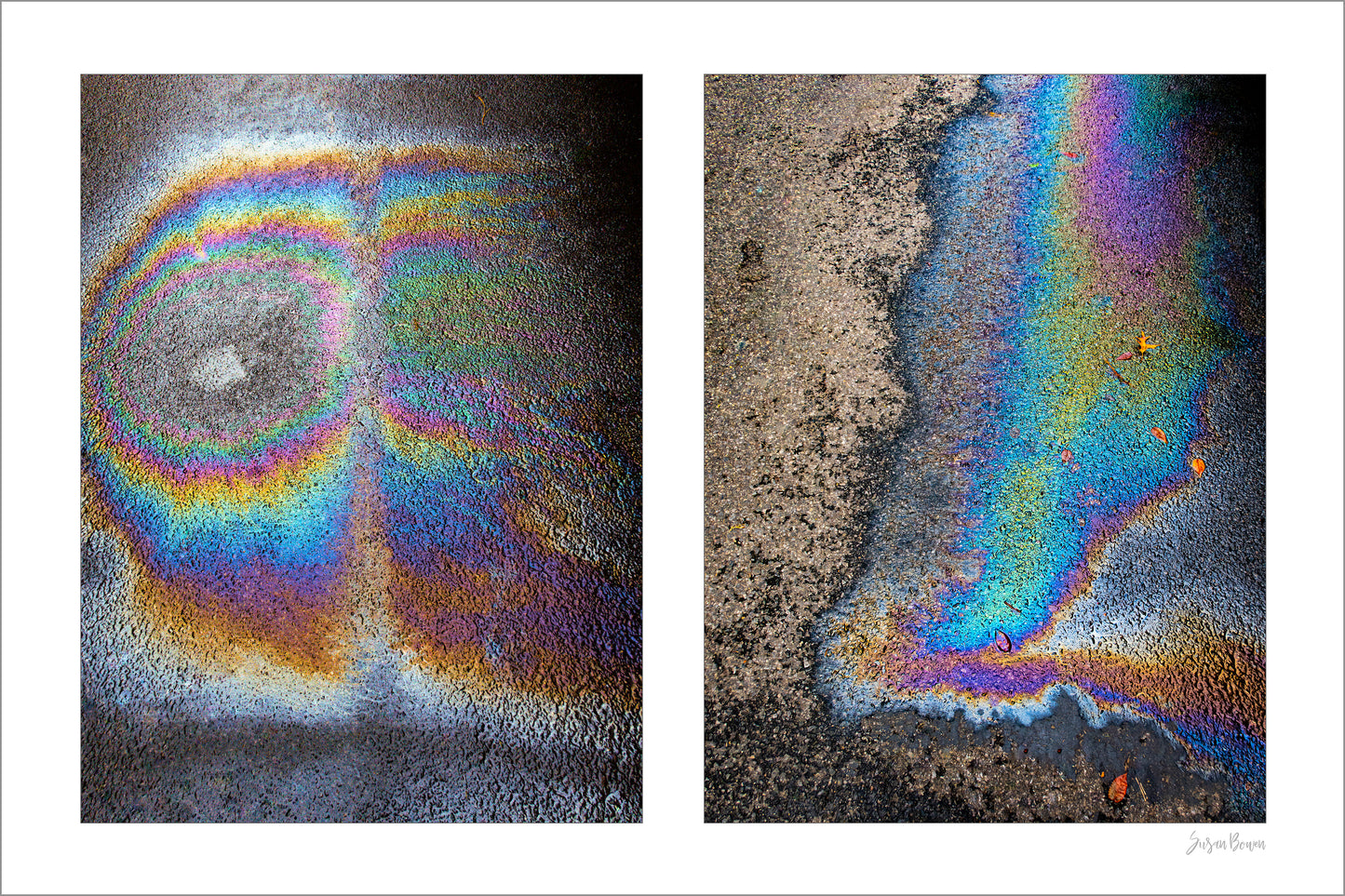 A diptych of two abstract photographs of oil spills on an asphalt surface, with vibrant multicolored patterns.