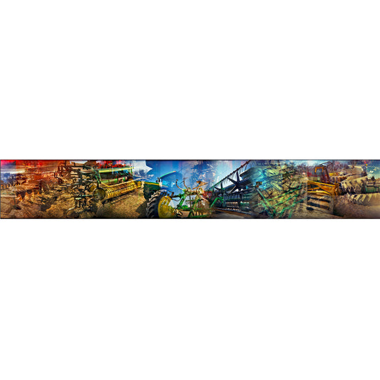 Overlapping multiple exposure shot on film of tractors and other farm equipment