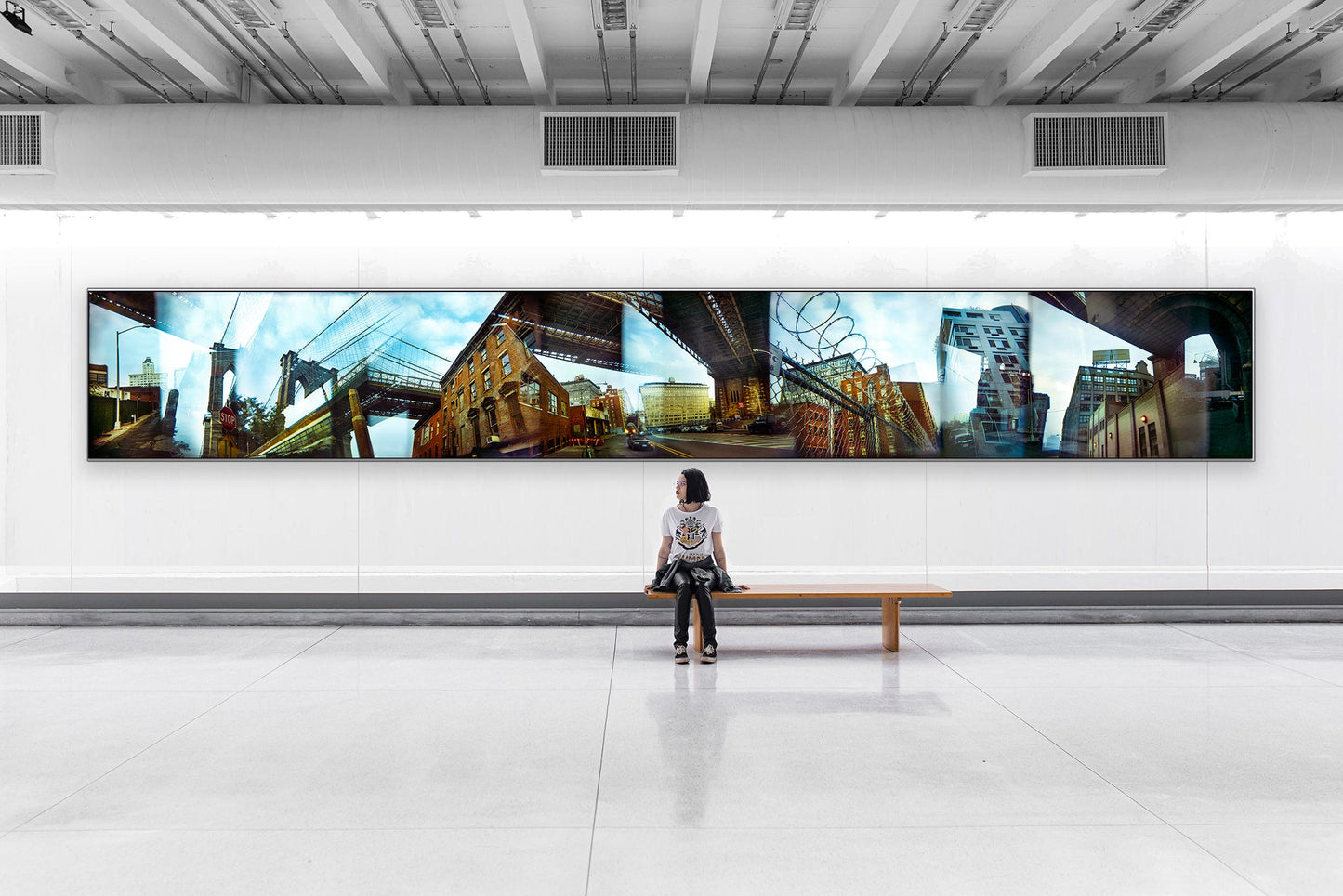 Overlapping multiple exposure shot on film showing Brooklyn Bridge