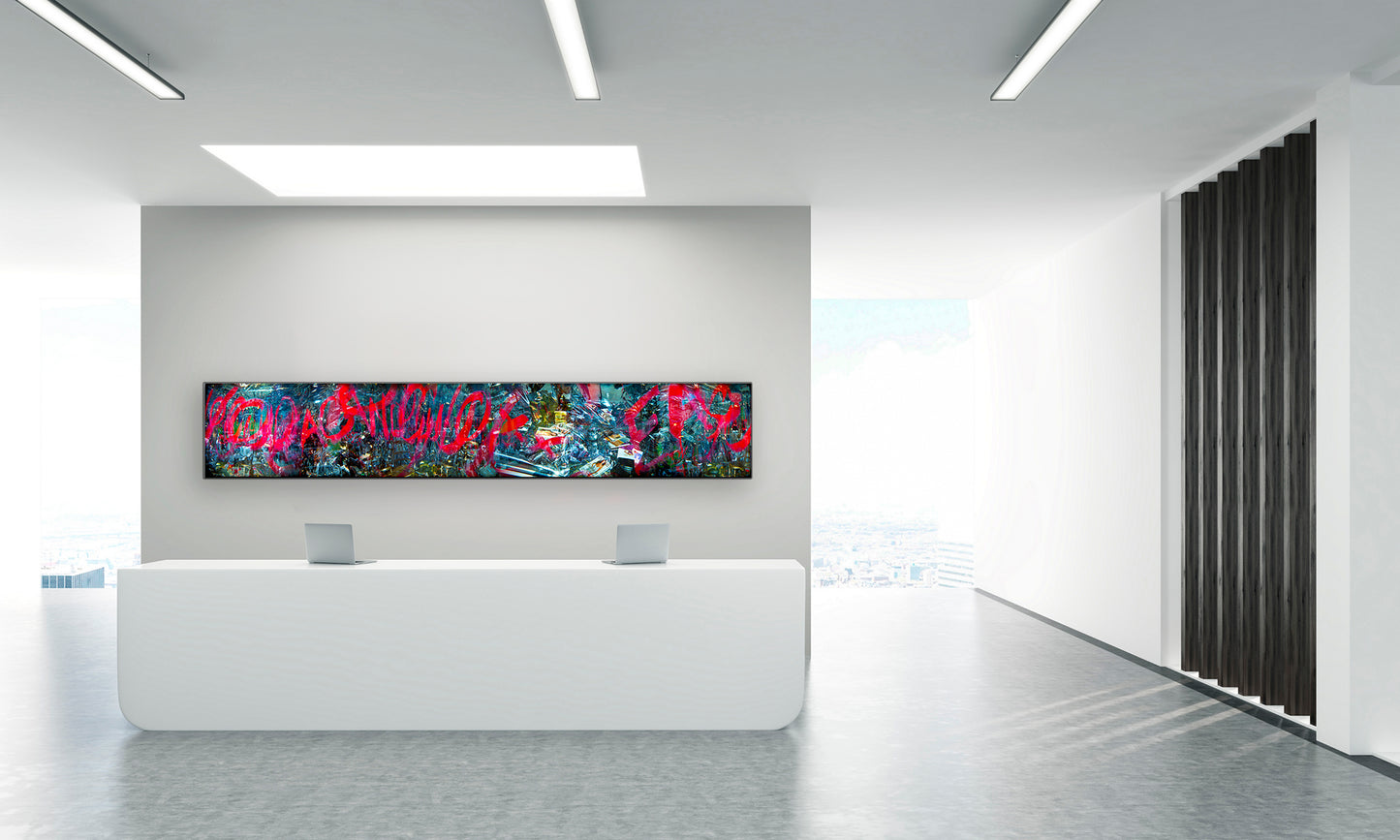 Overlapping multiple exposure shot on film of art installation appearing to be graffiti