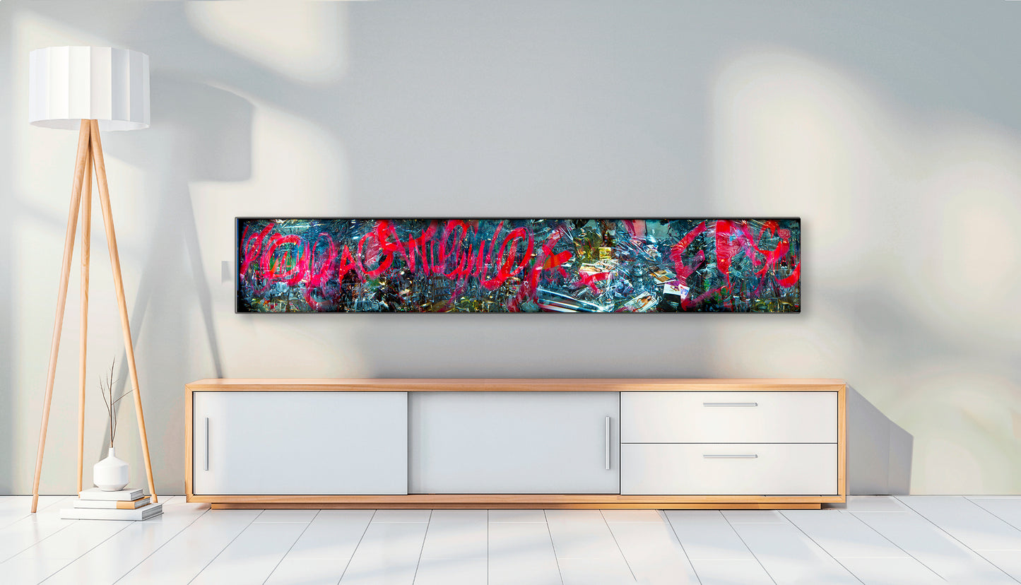 Overlapping multiple exposure shot on film of art installation appearing to be graffiti