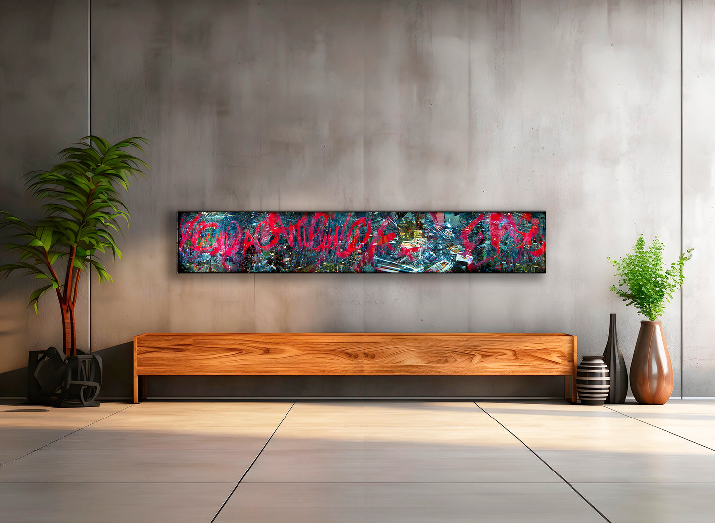 Overlapping multiple exposure shot on film of art installation appearing to be graffiti