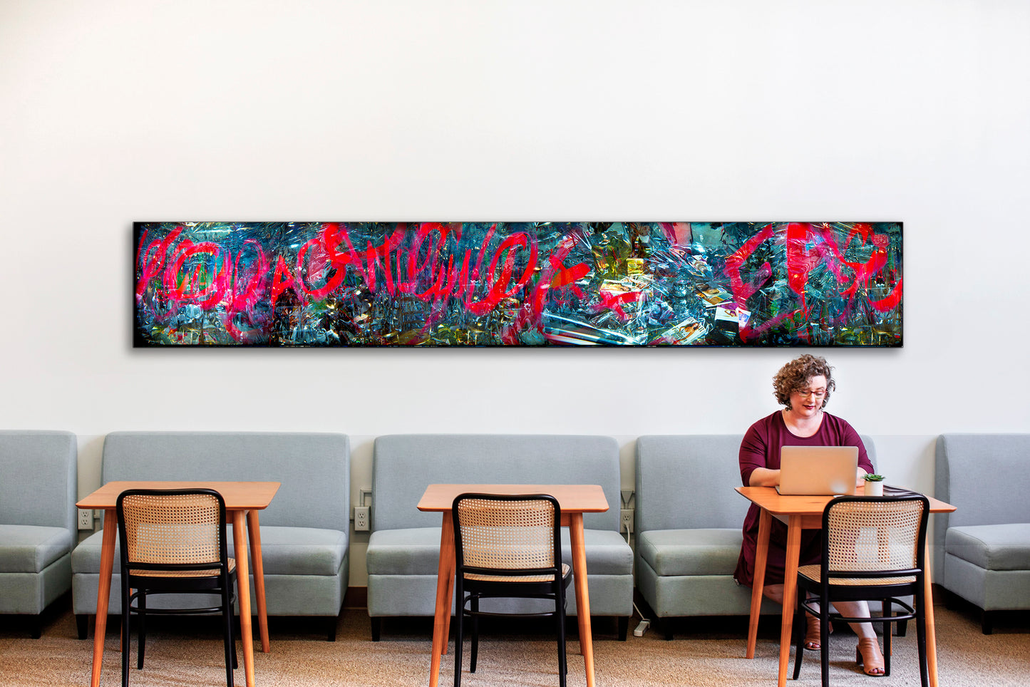 Overlapping multiple exposure shot on film of art installation appearing to be graffiti