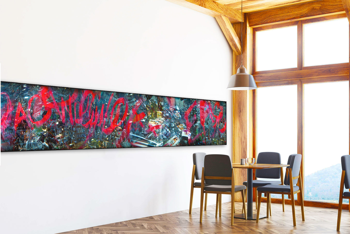 Overlapping multiple exposure shot on film of art installation appearing to be graffiti