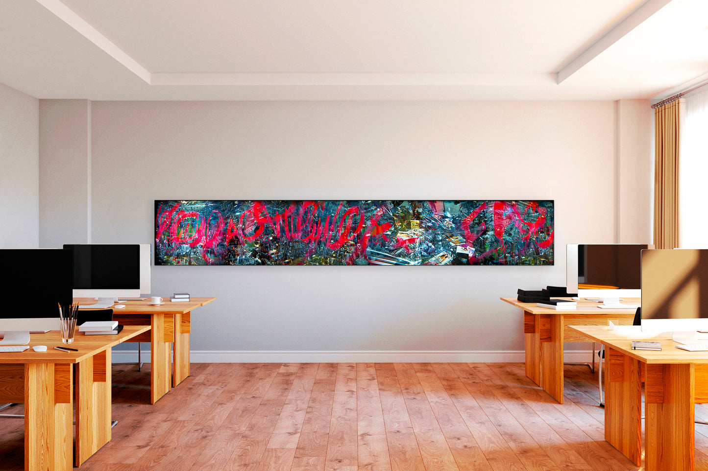 Overlapping multiple exposure shot on film of art installation appearing to be graffiti