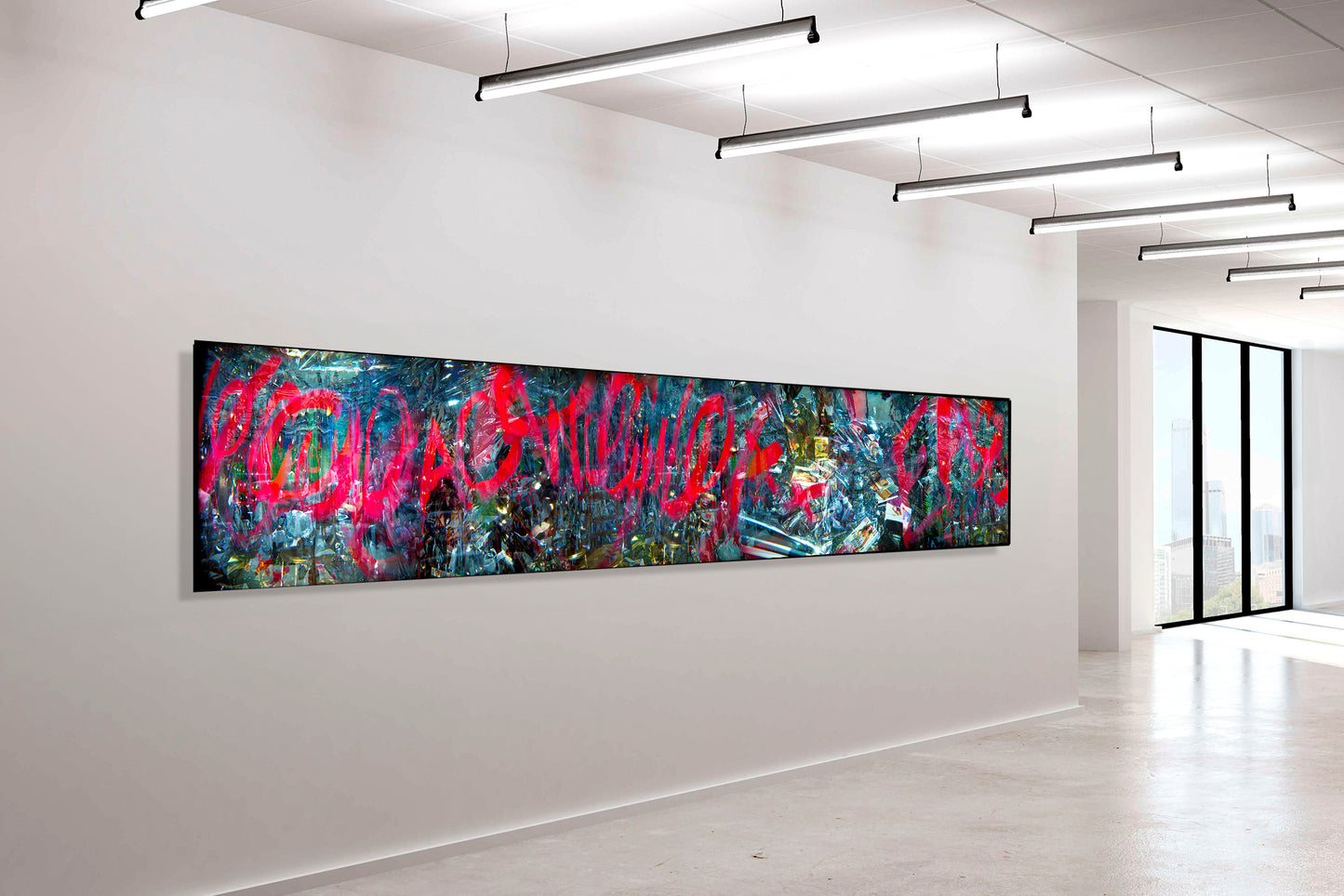 Overlapping multiple exposure shot on film of art installation appearing to be graffiti