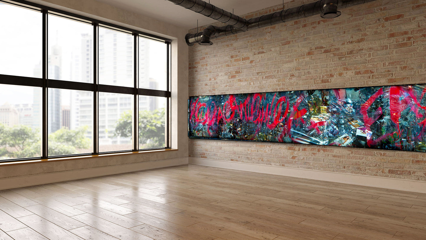 Overlapping multiple exposure shot on film of art installation appearing to be graffiti