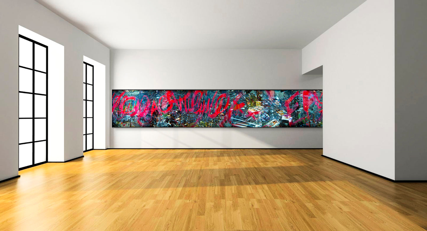 Overlapping multiple exposure shot on film of art installation appearing to be graffiti