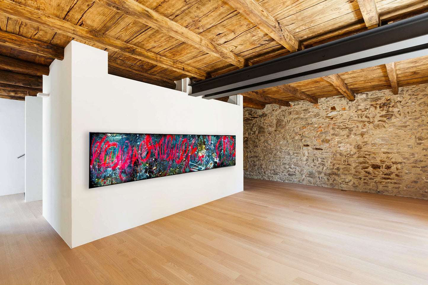 Overlapping multiple exposure shot on film of art installation appearing to be graffiti