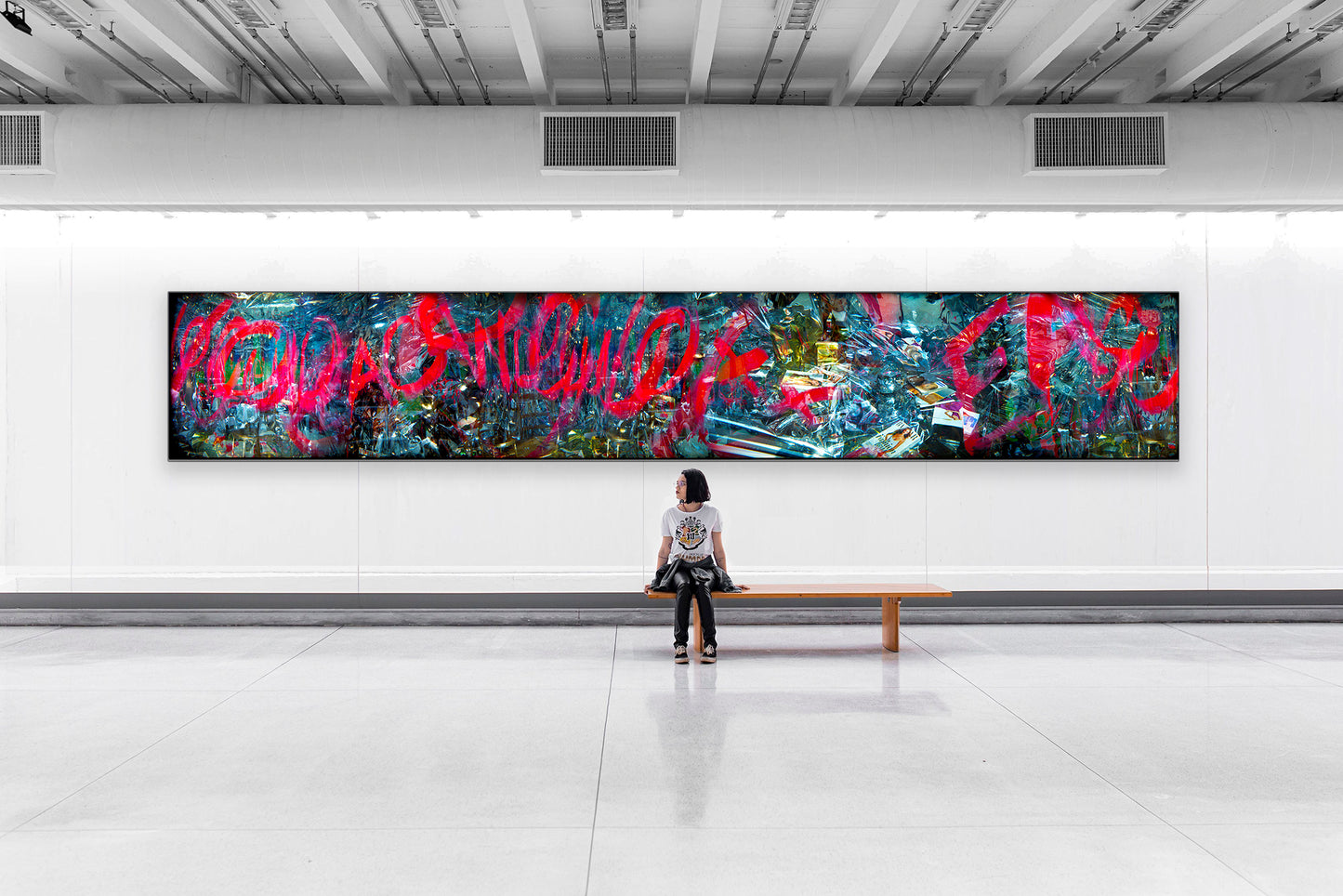 Overlapping multiple exposure shot on film of art installation appearing to be graffiti
