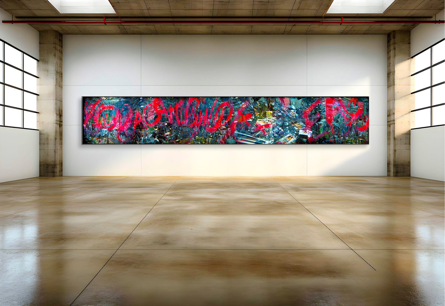 Overlapping multiple exposure shot on film of art installation appearing to be graffiti