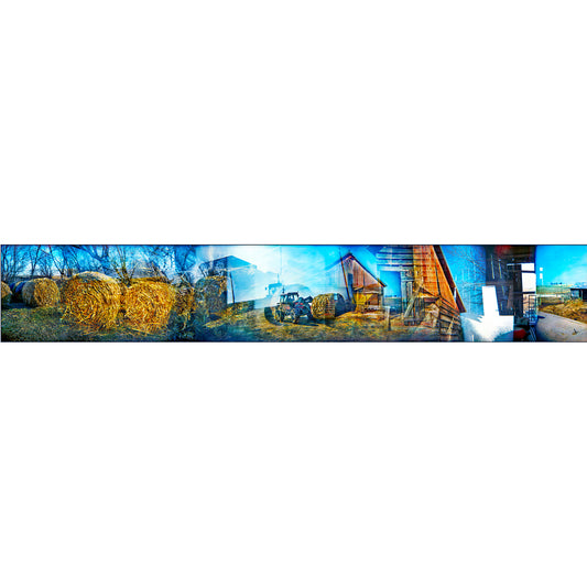 Farm and Hay artwork by Susan Bowen. Features panoramic multi-exposure photograph of an Iowa farm, layering hay bales, tractors, and barns into a vivid, dreamlike rural composition.