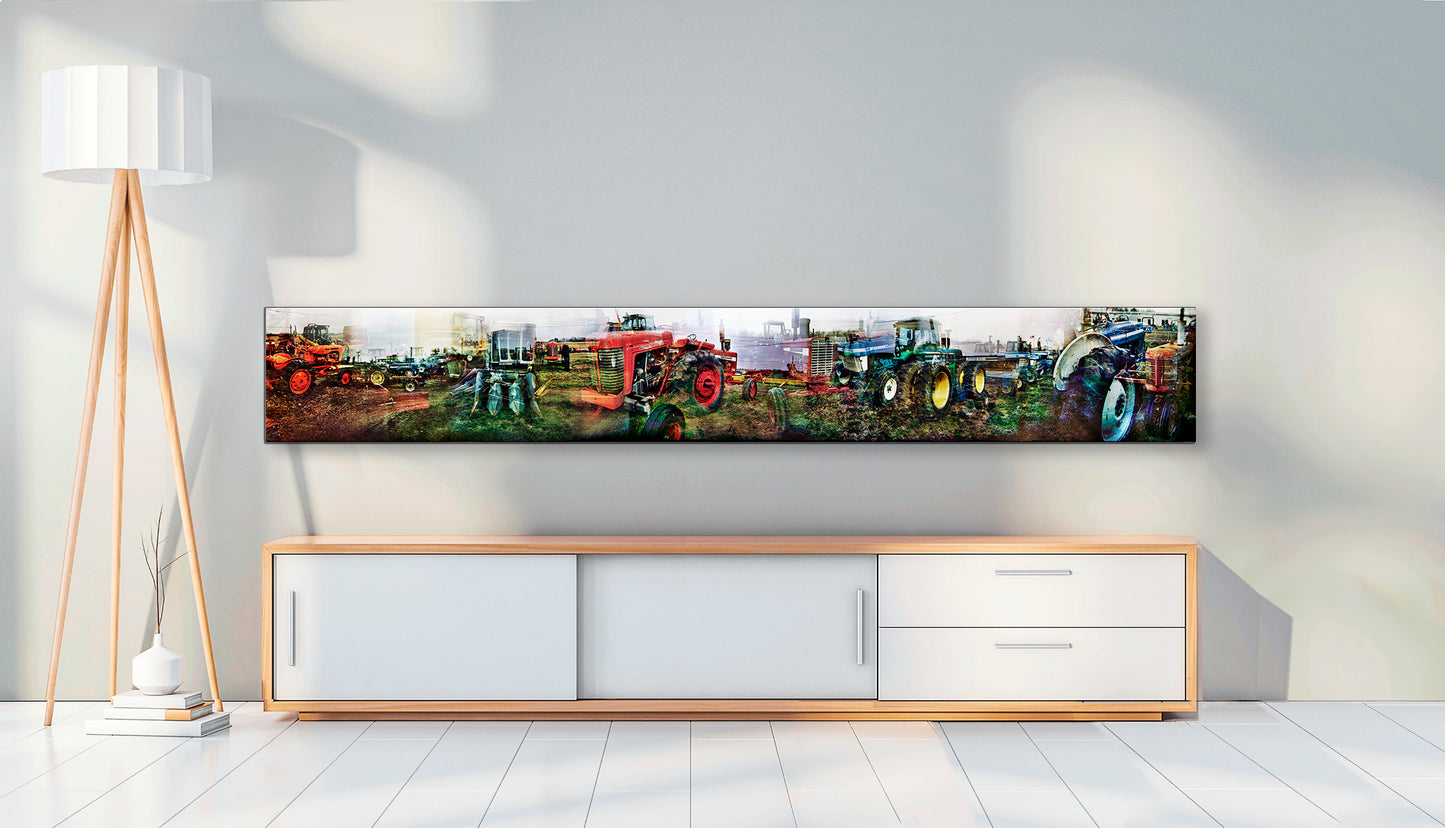Overlapping multiple exposure shot on film of tractors
