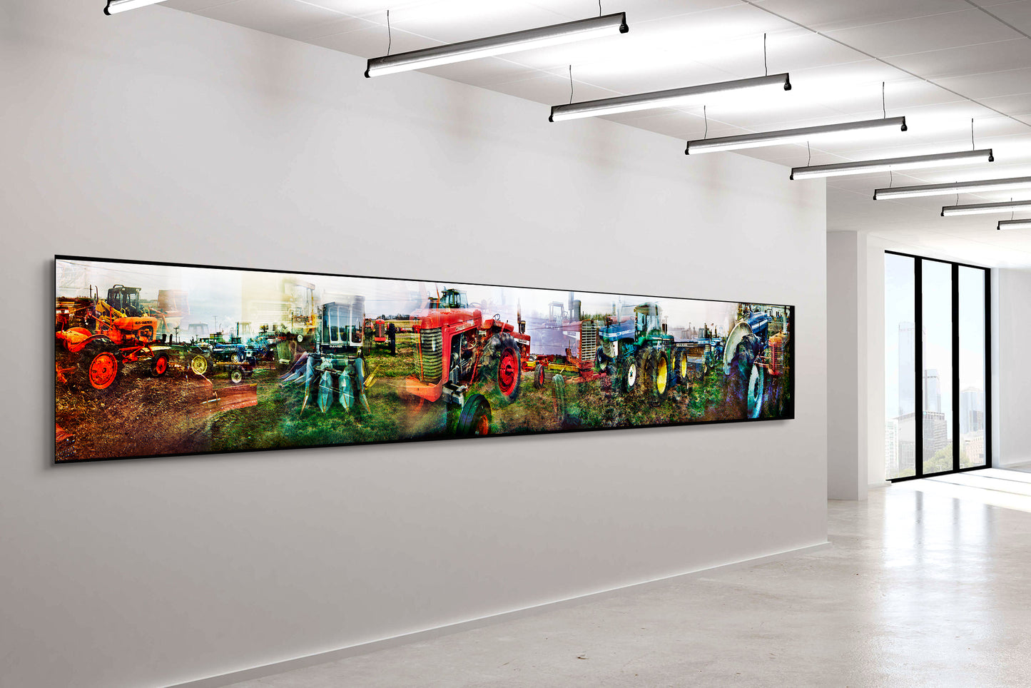 Overlapping multiple exposure shot on film of tractors