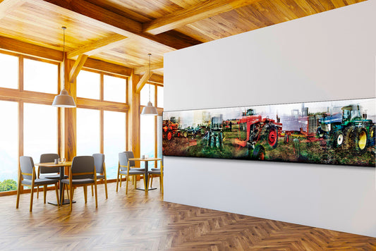 Overlapping multiple exposure shot on film of tractors