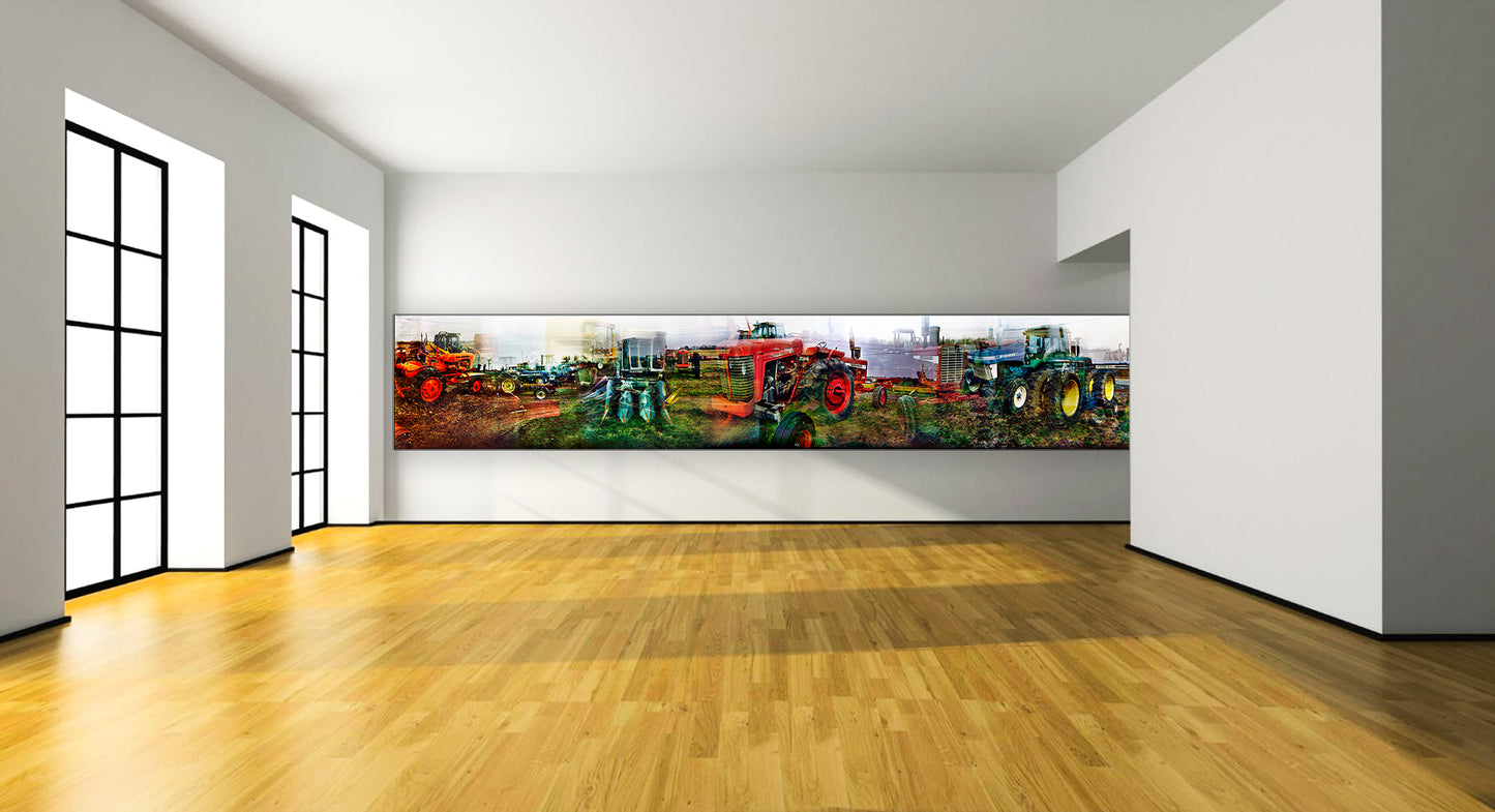 Overlapping multiple exposure shot on film of tractors