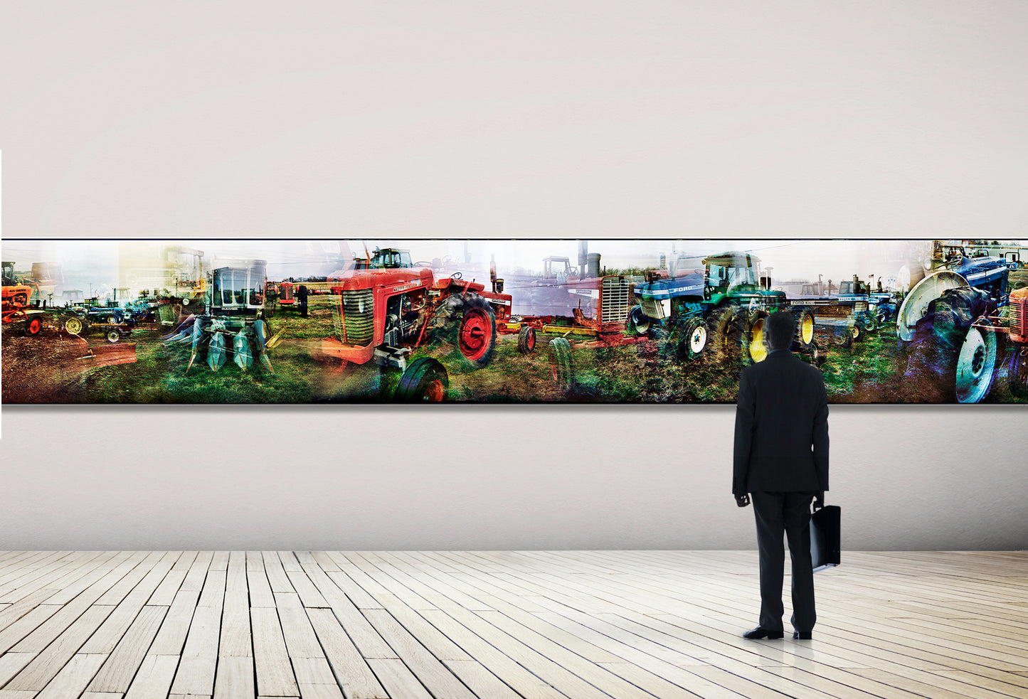 Overlapping multiple exposure shot on film of tractors