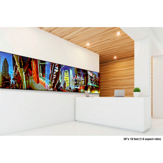42nd Street artwork by Susan Bowen, shown as 36" high acrylic print. Features panoramic, multi-exposure photograph capturing the layered intensity of 42nd Street in Times Square.
