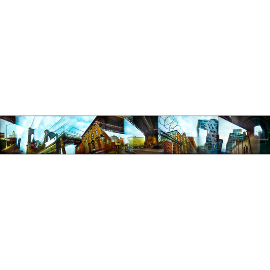 Dumbo and Barbs artwork by Susan Bowen. Features panoramic multi-exposure photograph of DUMBO, Brooklyn, layering the Brooklyn Bridge, barbed wire, and industrial architecture into a surreal urban composition.