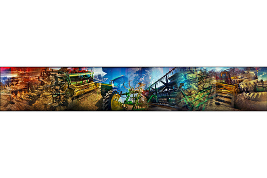 Overlapping multiple exposure shot on film of tractors and other farm equipment