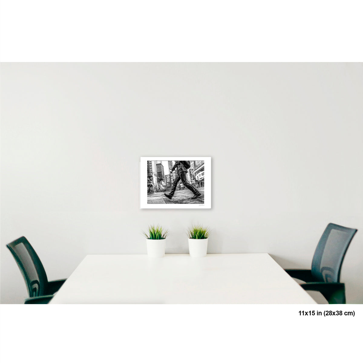 Times Square Stride artwork by Susan Bowen, shown as 11x15 print. Features B&W street photograph of a blurred stride crossing Times Square, boots and billboards in sharp contrast.