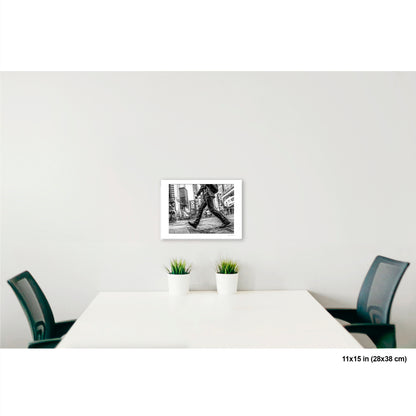Times Square Stride artwork by Susan Bowen, shown as 11x15 print. Features B&W street photograph of a blurred stride crossing Times Square, boots and billboards in sharp contrast.