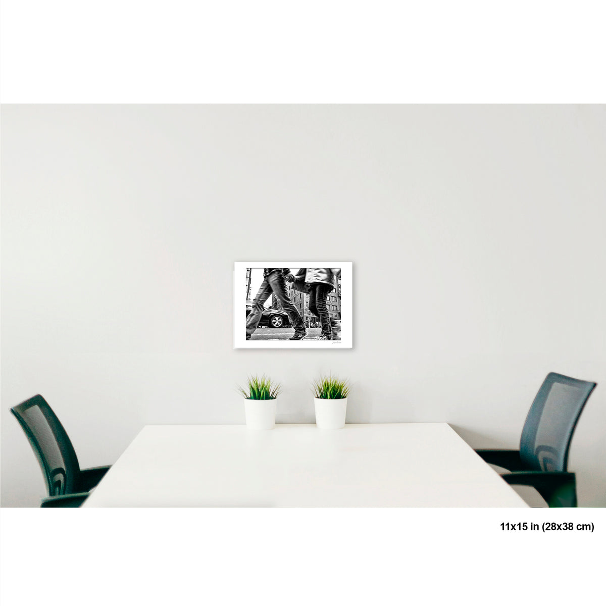 Couple in Chinatown artwork by Susan Bowen, shown as 11x15 print. Features low-angle B&W photograph of a couple crossing hand-in-hand through a Chinatown intersection, motion-blurred mid-stride.