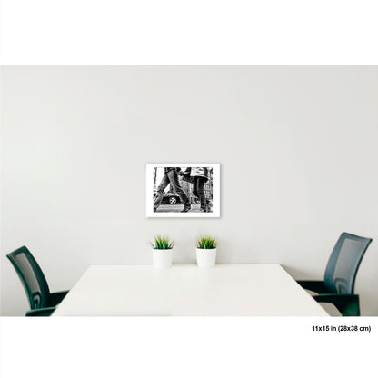 Couple in Chinatown artwork by Susan Bowen, shown as 11x15 print. Features low-angle B&W photograph of a couple crossing hand-in-hand through a Chinatown intersection, motion-blurred mid-stride.