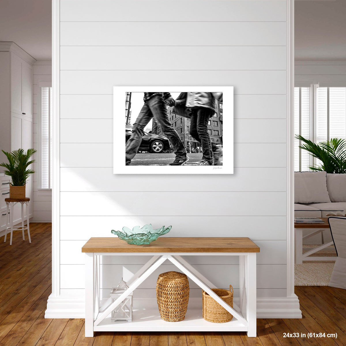 Couple in Chinatown artwork by Susan Bowen, shown as 24X33 print. Features low-angle B&W photograph of a couple crossing hand-in-hand through a Chinatown intersection, motion-blurred mid-stride.