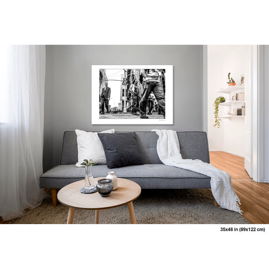 Times Square Opposing Directions artwork by Susan Bowen, shown as 35x48 print. Features b&W street photograph of pedestrians crossing in opposing directions at a Midtown Manhattan intersection.