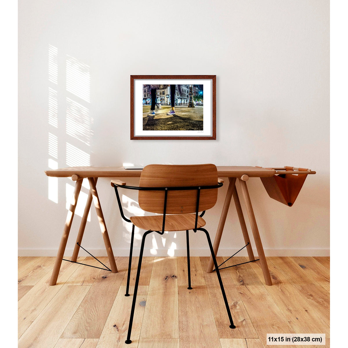 Mis-Matched Legs artwork by Susan Bowen, shown as 11x15 framed print. Features night photograph of two mismatched pairs of Converse sneakers at a lit NYC intersection, one still, one in motion.
