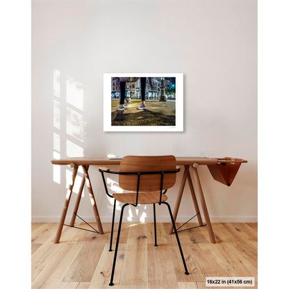 Mis-Matched Legs artwork by Susan Bowen, shown as 16x22 print. Features night photograph of two mismatched pairs of Converse sneakers at a lit NYC intersection, one still, one in motion.