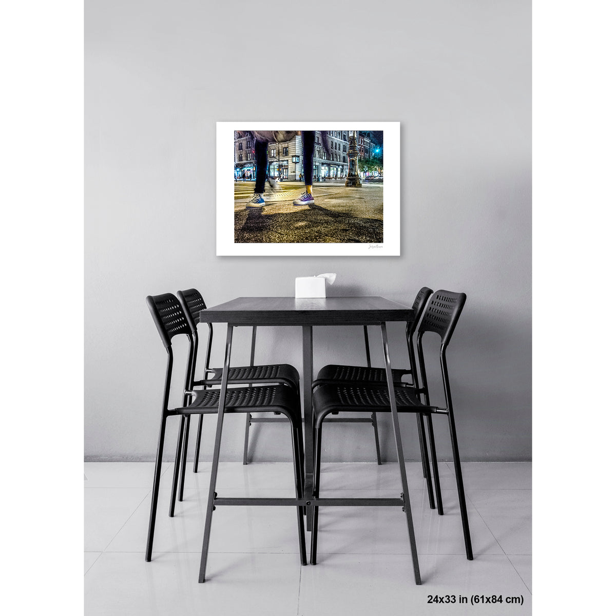 Mis-Matched Legs artwork by Susan Bowen, shown as 24x33 print. Features night photograph of two mismatched pairs of Converse sneakers at a lit NYC intersection, one still, one in motion.