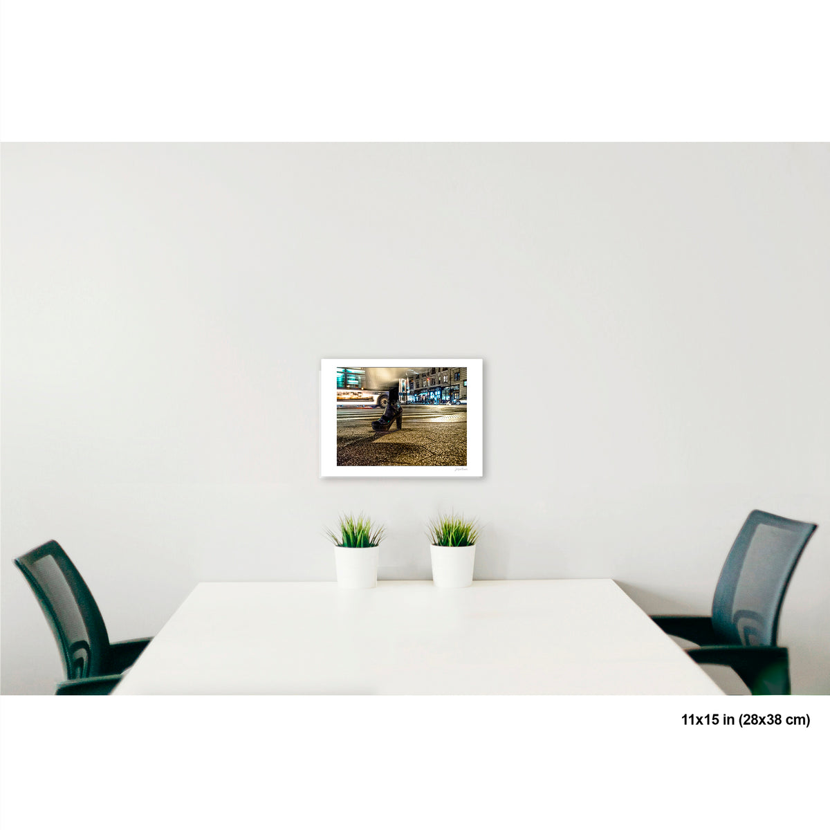 High-Heeled Shoe and Bus artwork by Susan Bowen, shown as 11x15 print. Features long-exposure night photograph of a single high-heeled shoe on a NYC crosswalk as a city bus streaks past behind it.