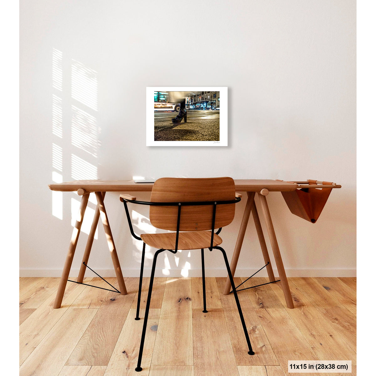 High-Heeled Shoe and Bus artwork by Susan Bowen, shown as 11x15 print. Features long-exposure night photograph of a single high-heeled shoe on a NYC crosswalk as a city bus streaks past behind it.