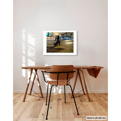 High-Heeled Shoe and Bus artwork by Susan Bowen, shown as 16x22 print. Features long-exposure night photograph of a single high-heeled shoe on a NYC crosswalk as a city bus streaks past behind it.
