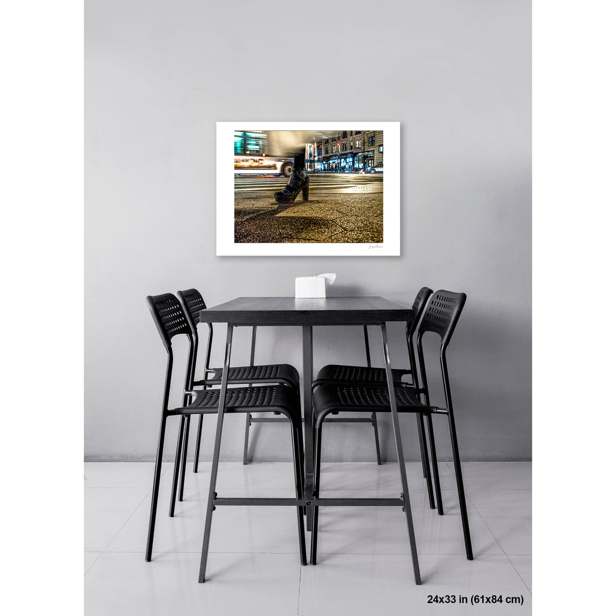 High-Heeled Shoe and Bus artwork by Susan Bowen, shown as 24x33 print. Features long-exposure night photograph of a single high-heeled shoe on a NYC crosswalk as a city bus streaks past behind it.