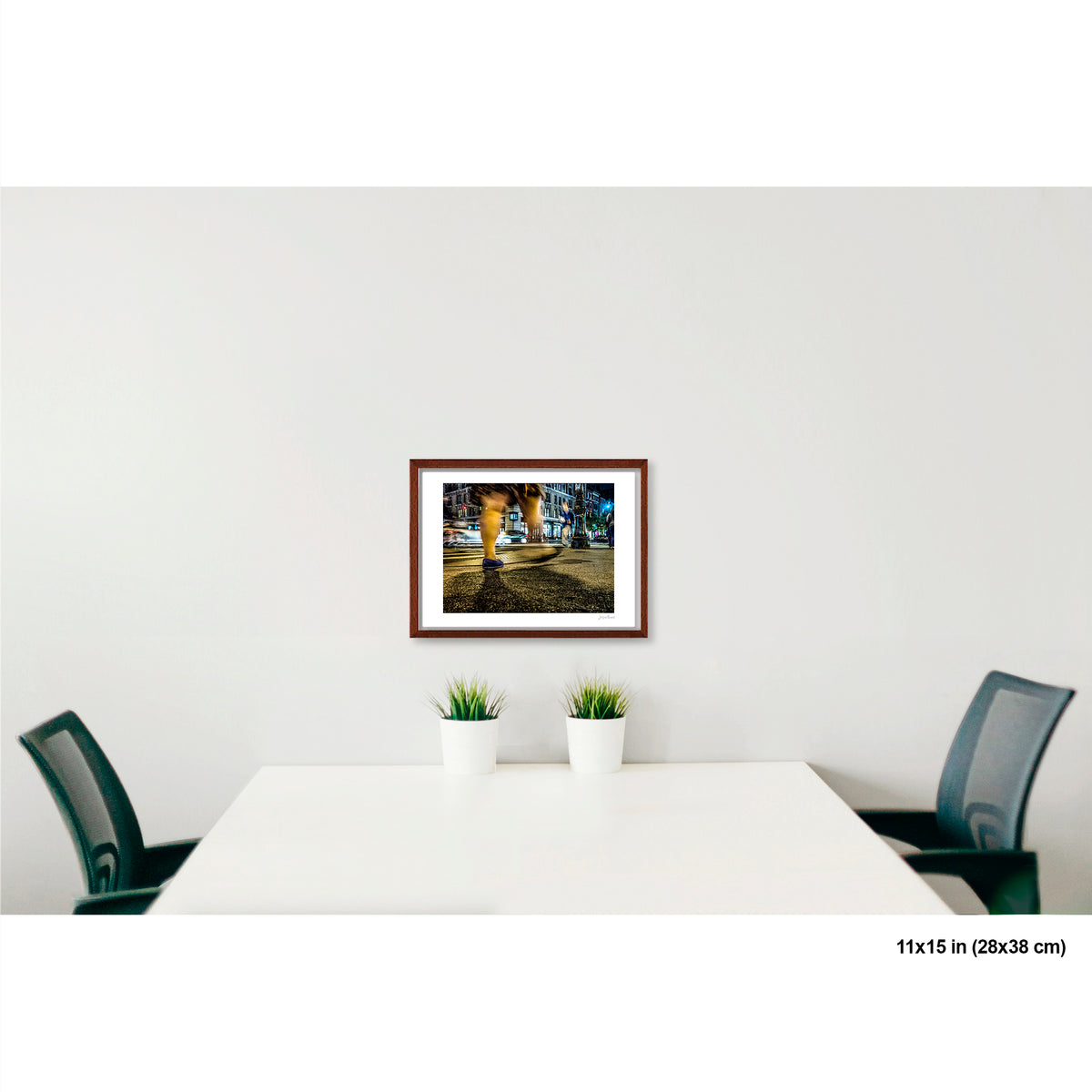 Heavy Legs in Motion artwork by Susan Bowen, shown as 11x15 framed print. Features long-exposure night photograph of bare legs in heavy motion blur at a lit Upper West Side intersection.