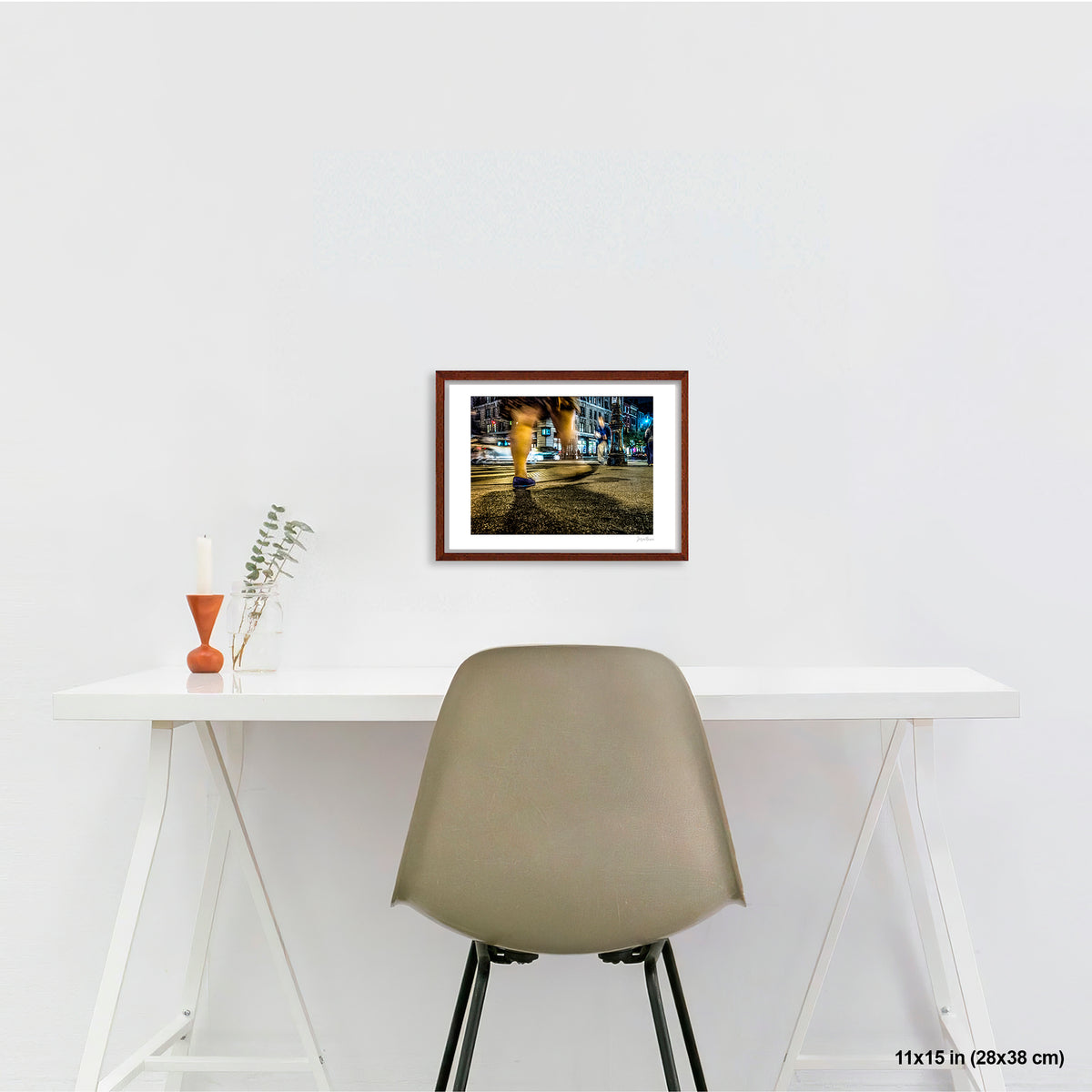 Heavy Legs in Motion artwork by Susan Bowen, shown as 11x15 framed print. Features long-exposure night photograph of bare legs in heavy motion blur at a lit Upper West Side intersection.
