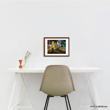 Heavy Legs in Motion artwork by Susan Bowen, shown as 11x15 framed print. Features long-exposure night photograph of bare legs in heavy motion blur at a lit Upper West Side intersection.