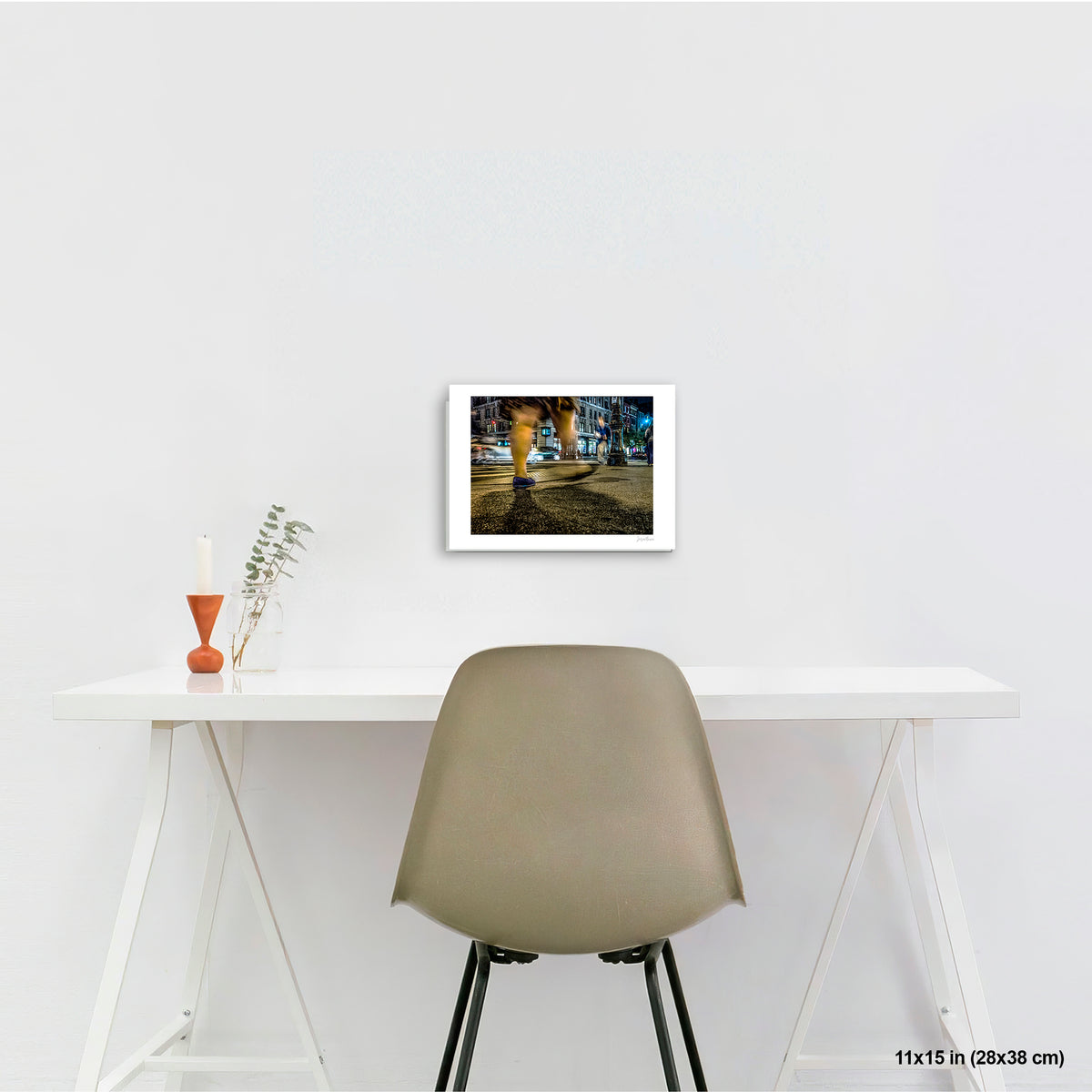 Heavy Legs in Motion artwork by Susan Bowen, shown as 11x15 print. Features long-exposure night photograph of bare legs in heavy motion blur at a lit Upper West Side intersection.