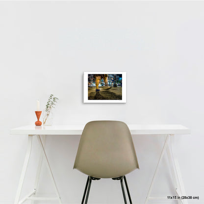 Heavy Legs in Motion artwork by Susan Bowen, shown as 11x15 print. Features long-exposure night photograph of bare legs in heavy motion blur at a lit Upper West Side intersection.
