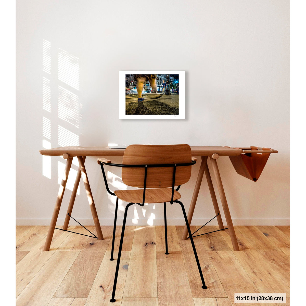 Heavy Legs in Motion artwork by Susan Bowen, shown as 11x15 print. Features long-exposure night photograph of bare legs in heavy motion blur at a lit Upper West Side intersection.