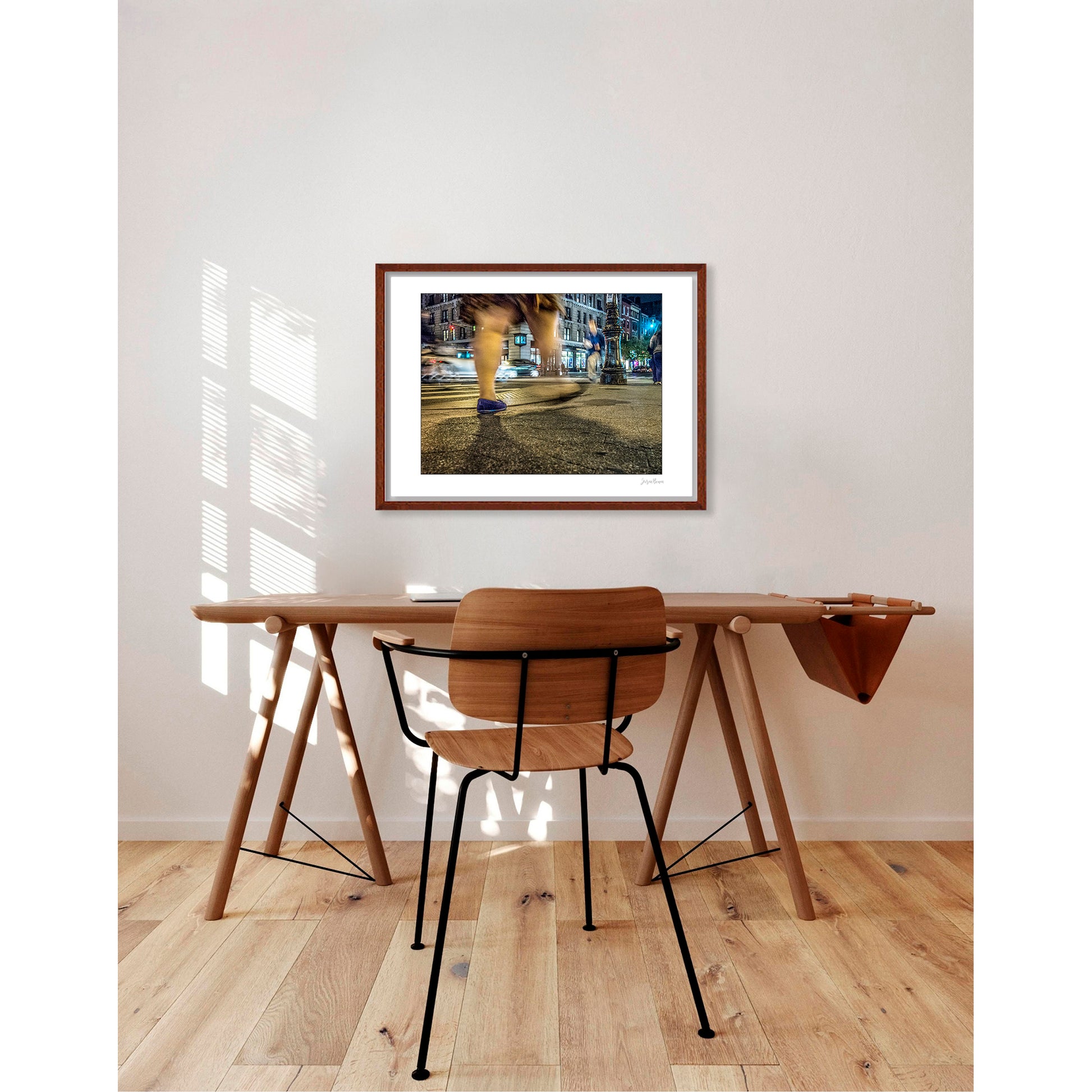 Photography of blurry swinging clothing and legs in New York City with low perspective