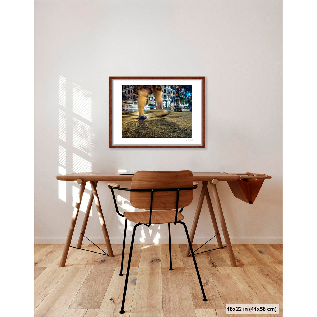 Heavy Legs in Motion artwork by Susan Bowen, shown as 16x22 framed print. Features long-exposure night photograph of bare legs in heavy motion blur at a lit Upper West Side intersection.