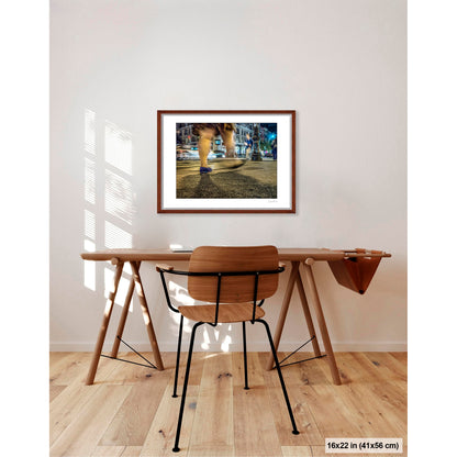 Heavy Legs in Motion artwork by Susan Bowen, shown as 16x22 framed print. Features long-exposure night photograph of bare legs in heavy motion blur at a lit Upper West Side intersection.
