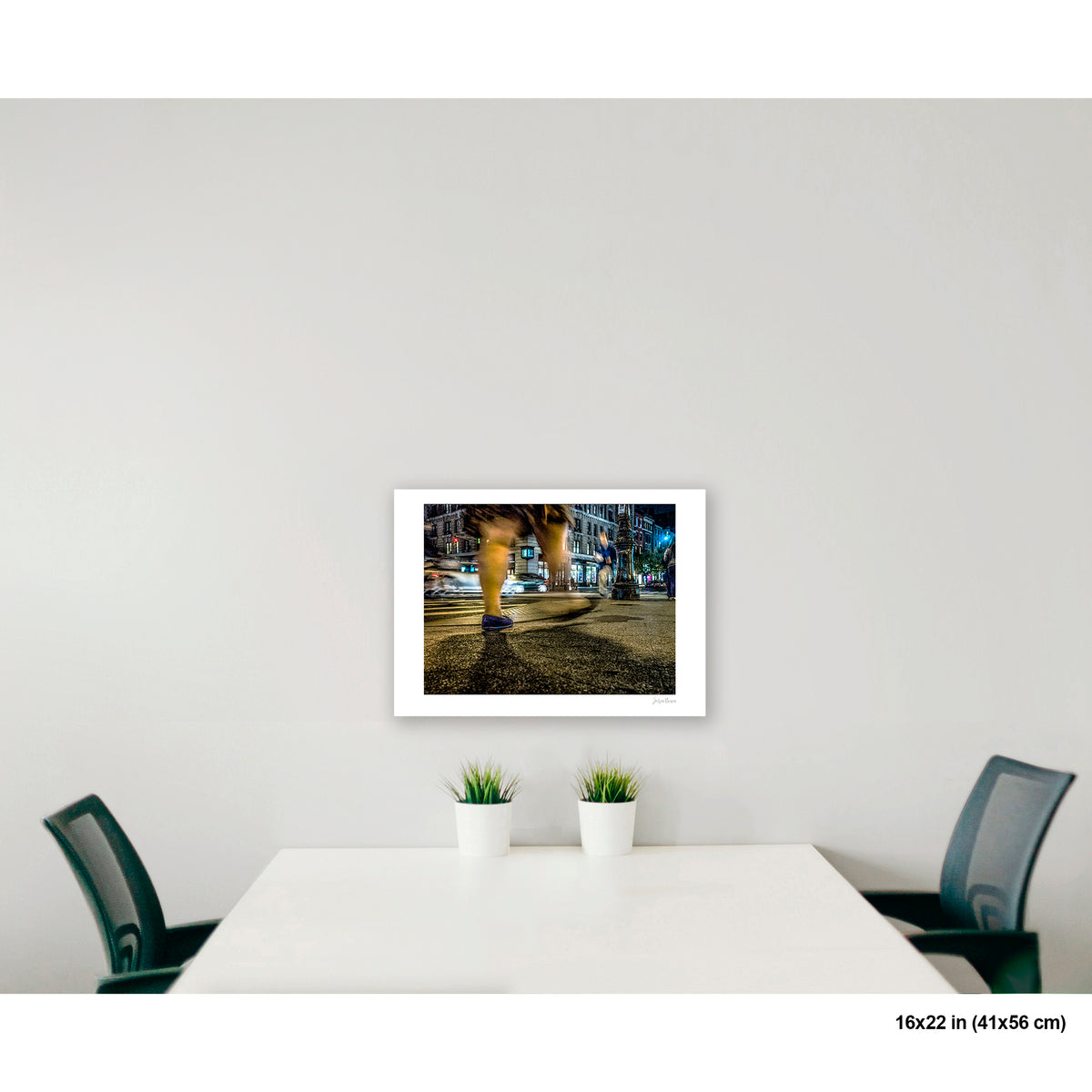 Heavy Legs in Motion artwork by Susan Bowen, shown as 16x22 print. Features long-exposure night photograph of bare legs in heavy motion blur at a lit Upper West Side intersection.