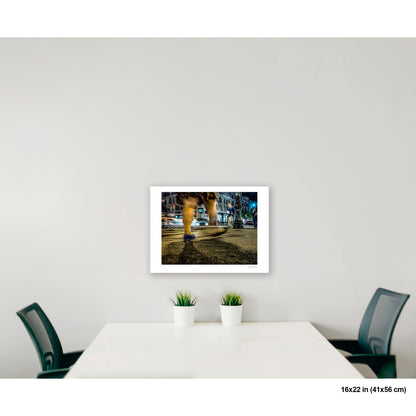 Heavy Legs in Motion artwork by Susan Bowen, shown as 16x22 print. Features long-exposure night photograph of bare legs in heavy motion blur at a lit Upper West Side intersection.