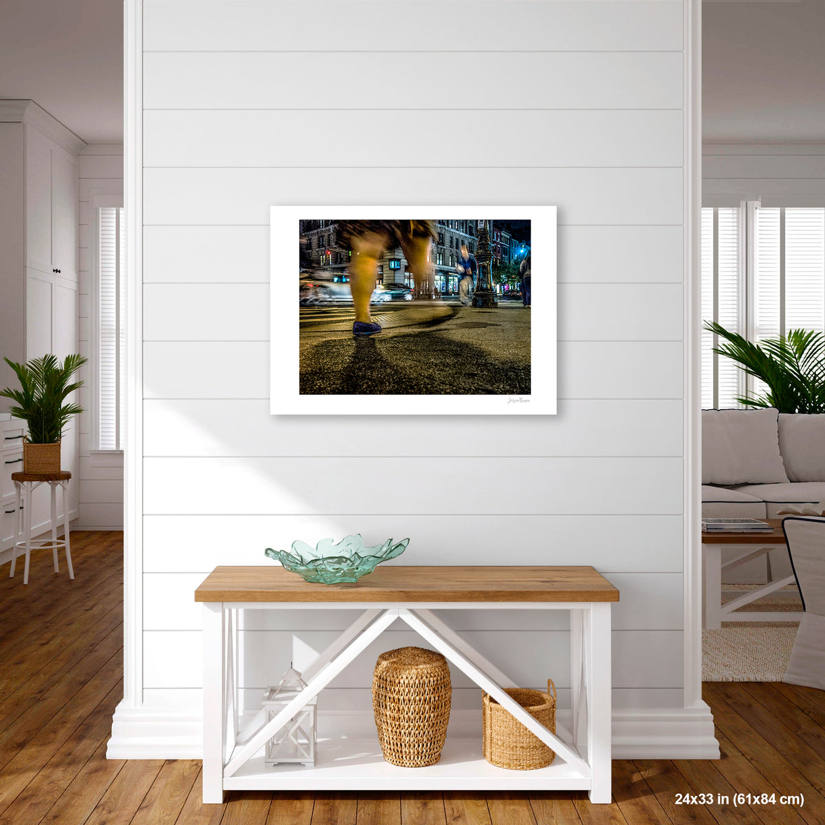 Heavy Legs in Motion artwork by Susan Bowen, shown as 24X33 print. Features long-exposure night photograph of bare legs in heavy motion blur at a lit Upper West Side intersection.