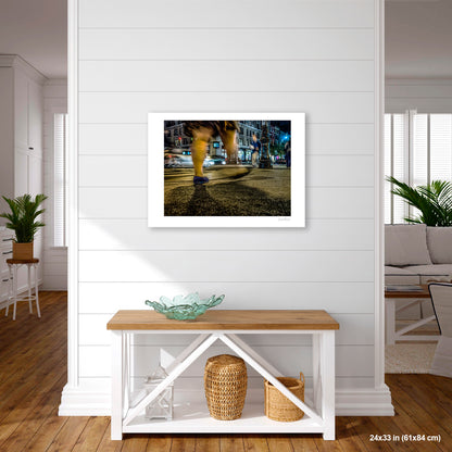 Heavy Legs in Motion artwork by Susan Bowen, shown as 24X33 print. Features long-exposure night photograph of bare legs in heavy motion blur at a lit Upper West Side intersection.
